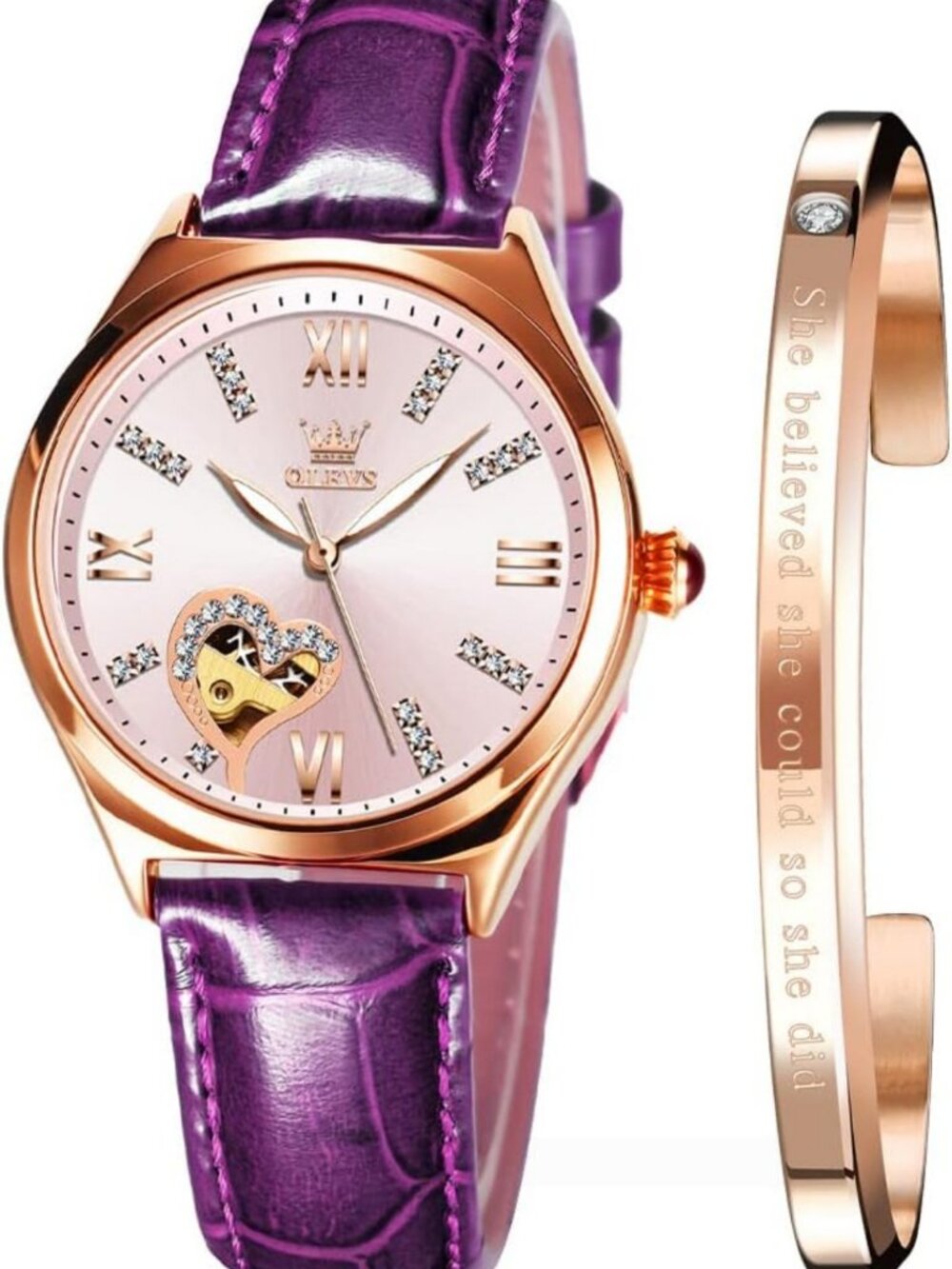 Elegant Women's Mechanical Watch with Diamond Heart, Waterproof & Self-Winding